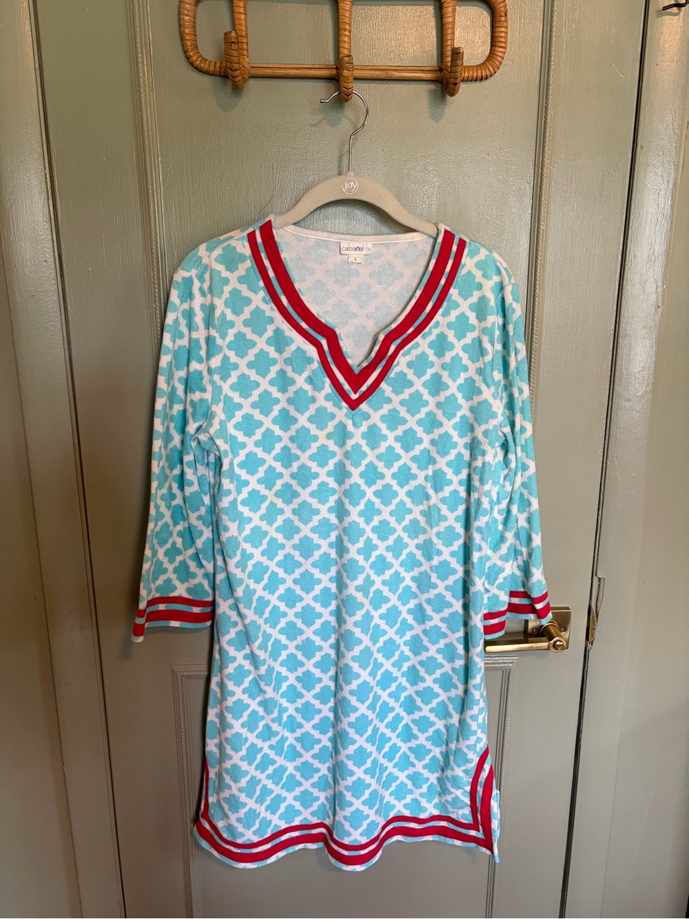 Cabana Life Aqua and Red V‑Neck Swim Coverup Tunic